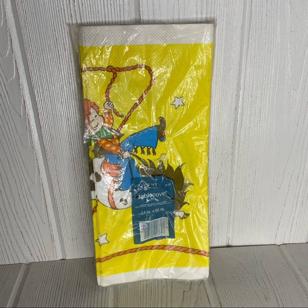 Vintage Forget Me Not Cowboy Rodeo Western Paper Tablecloth 54” x 96” NIP